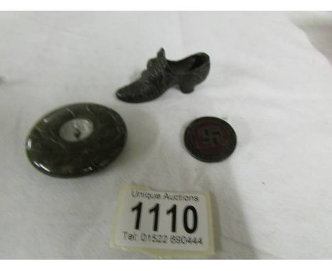 A National War Savings Committee for service enamel pin badge made by Fattorini, Birmingham and a Cornish Serpentine paperwei