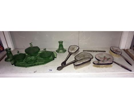 An art deco green glass dressing table trinket set (few minor nibbles in places) and 2 sets of vintage mirrors/brushes/comb