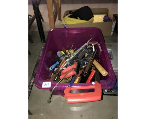 A large box of tools including hacksaws &amp; crwo bar etc.