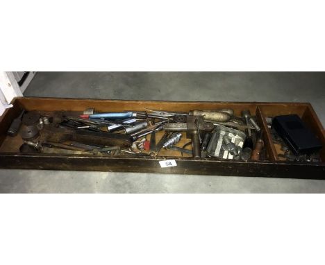 An old wooden tray of vintage tools etc.  COLLECT ONLY