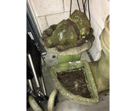 A stone corner planter, clam shell bird bath on stand &amp; 3 cast iron gutter hoppers (COLLECT ONLY) 