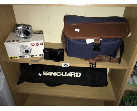 A Sharp Viewcam, Panasonic Lumix, Nikon Coolpix camera &amp; Vanguard tripod (2 shelves) 