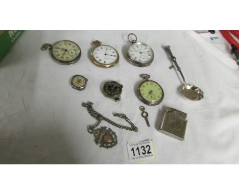 A mixed lot of pocket watches, lighter, watch fob etc.,
