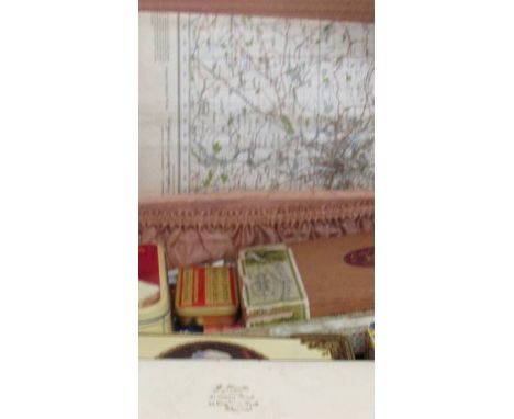 A vintage large vanity case containing assortment inc: 1941 war office ordnance survey map, hand painted fan, fruit knives, p
