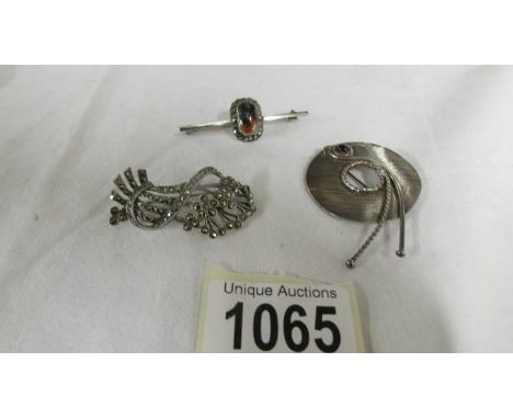 Three vintage silver brooches - 1 set agate, 1 set marquasite and 1 set amethyst.