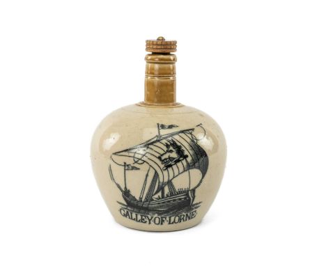 19TH C. PORT DUNDAS STONEWARE WHISKY FLASK, caramel neck and buff body printed with galleon featuring the crest of the Duke o