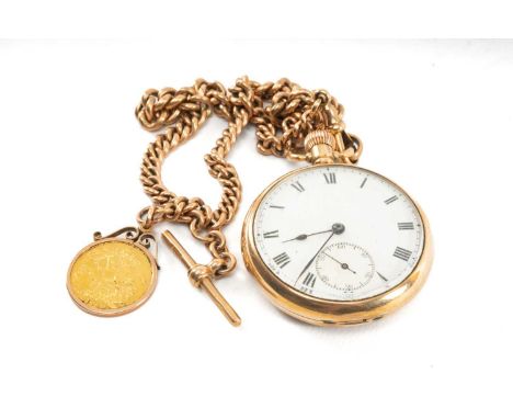 9CT GOLD DENNISON OPEN FACED POCKET WATCH, white enamel face with Roman numerals and subsidiary seconds dial, with 9ct gold g