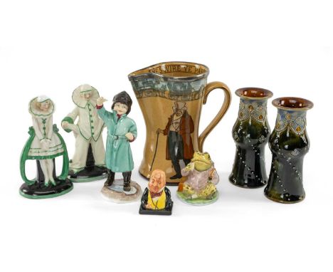 ASSORTED COLLECTABLE CERAMICS, including Royal Doulton stoneware spill vases, 14.5cms (h), silver-mounted Royal Doulton serie