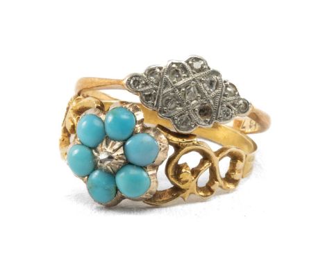 TWO GOLD RINGS comprising 18ct gold and platinum diamond chip ring, together with a yellow metal turquoise and diamond chip r