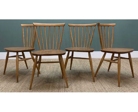 FOUR MID-CENTURY ERCOL 449 WINDSOR BOW TOP DINING CHAIRS, solid elm and beech, polished natural colour, wax finished, 79cms (