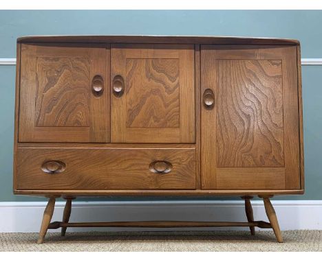 MID-CENTURY ERCOL 467 SIDEBOARD, solid elm sideboard raised on beech underpart, large vertical cupboard with lift-out cutlery