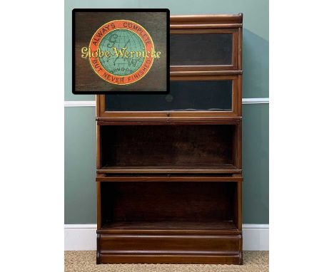 EARLY 20TH C MAHOGANY GLOBE WERNICKE, four tier, glass 'lift up and slide' fronts, metal strap bindings to the sides, 147 (h)