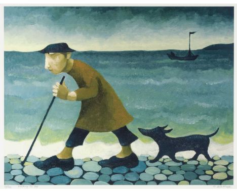 MURIEL DELAHAYE (Welsh, 1931-2021) limited edition print (22/276) - titled in border 'Walking the dog', signed in pencil, 39 