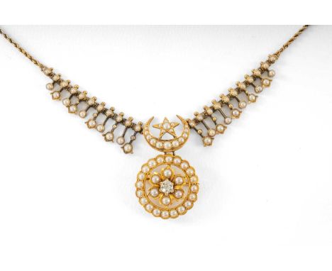 YELLOW METAL PEARL & DIAMOND NECKLACE, rope twist chain supporting graduated berry and floret blade fringe, centred by a star