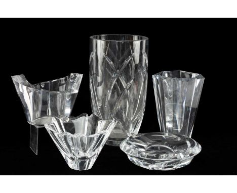 FOUR ORREFORS CLEAR GLASS VASES/BOWLS, all signed, tallest 23cm (h), and a JOHN ROCHA FOR WATERFORD cut glass vase 35cms (h) 