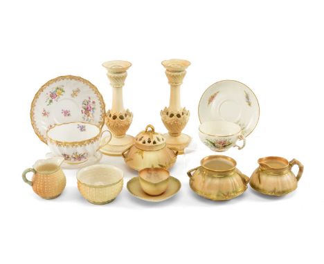 ASSORTED ROYAL WORCESTER PORCELAIN, including pair blush ivory 1236 pattern candlesticks, 1196 pattern sucrier & milk jug, G3