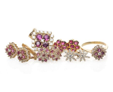 ASSORTED GOLD JEWELLERY comprising four pairs of pink and white gem set earrings, similar ring and pendant, 18.4gms gross (10