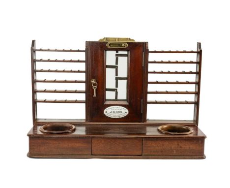 VICTORIAN J.C. COX PATENT COUNTER-TOP CASH TILL, c. 1890, enamel makers label above base with two coin dishes and central dra