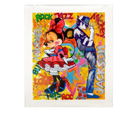 Cheerful original mixed media on canvas entitled Back to Back by Russian Neo-Pop and Street artist Nastya Rovenskaya. She dep