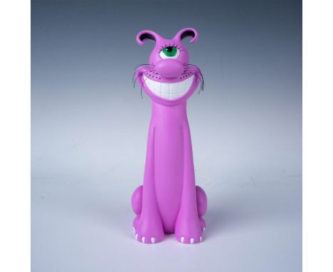 A vibrantly colored pink sculpture of a smiling seated cat with one eye. Painted resin. Limited Edition of 2500 in collaborat