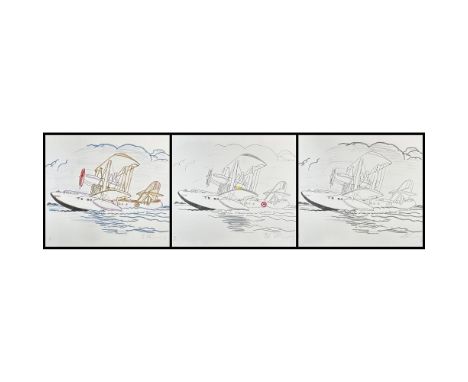 3 Lithographs, 1 with hand coloring ,1 printed in colors and 1 in black and white titled A Very Large Flying Boat Taking Off 
