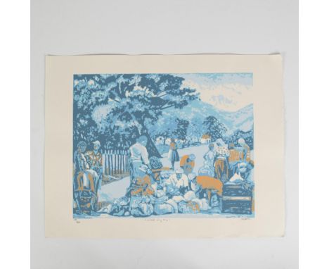 A vintage original serigraph in colors on paper by Jamaican artist Lloyd Van Pitterson entitled Market Day 2. Edition number 
