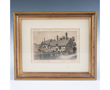 Original etching on paper depicting Anne Hathaway's Cottage by English artist Cecil Forbes who depicts Shakespeare's Birthpla