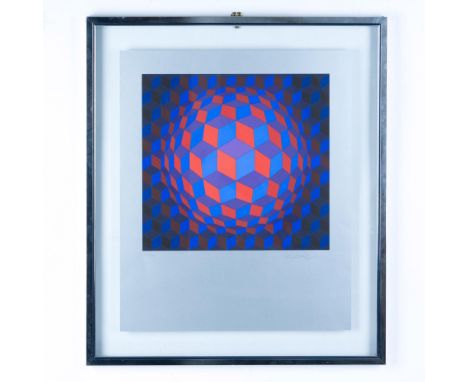 Limited edition serigraph. Hand signed bottom right in pencil and numbered lower right, depicts geometric designs in red, blu