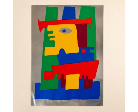 Color serigraph on silver foil paper by French Art Brut painter and printmaker Jacques Soisson who superimposed bright color 
