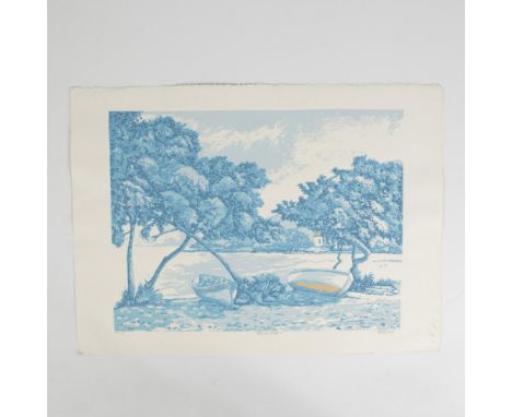 A vintage original serigraph in colors on paper by Jamaican artist Lloyd Van Pitterson entitled Blue Boat. Edition number in 