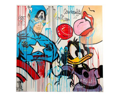 Outstandingly fun large original Pop Art acrylic and markers on canvas by French iconoclast artist Clem$ who draws the heroes