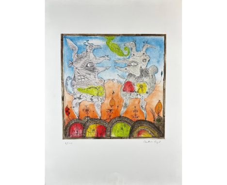 Etching titled Les Tiraillas. Signed lower right numbered 8/125. Year 1990 Sight size 22" x 29.5"