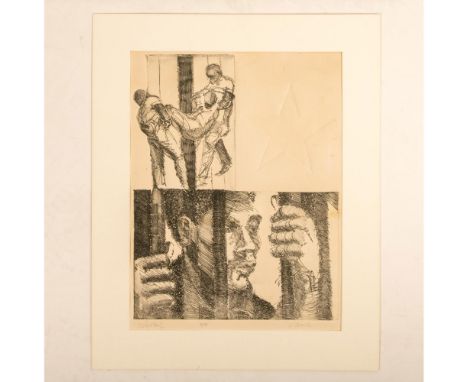 Large original etching on laid paper with Social Realism themes. The composition is divided in three parts: one depicts the s