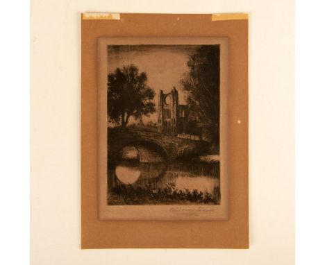 Beautiful antique original etching on paper that depicts an English landscape with ruins seen in the penumbra and a velvety l