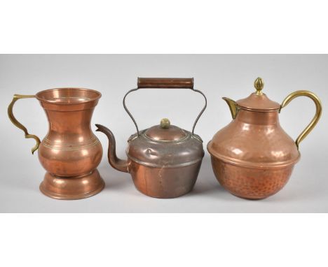 A Vintage Copper Kettle, Tankard and Lidded Jug 