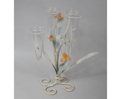 A Wrought Iron and Glass Four Trumpet Epergne Planter, 47cm high 