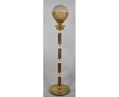 A Mid 20th Century Brass and Wooden Standard Lamp with Coloured Globe Shade, 120cm high 