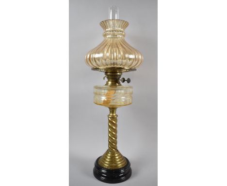 A Victorian Brass Oil Lamp with Barley Twist Support and Glass Reservoir Shade and Chinemy, 71cm high 