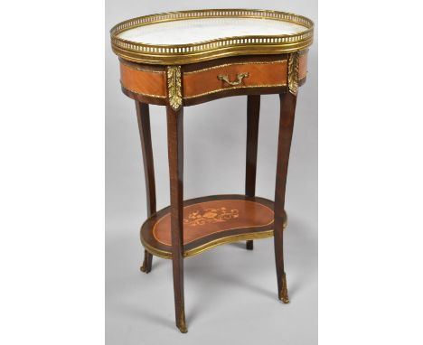 A Pretty French Kidney Shaped Ormolu Mounted Side Table with Single Drawer and Marble Top, Inlaid Stretcher Shelf, Pierced Ga