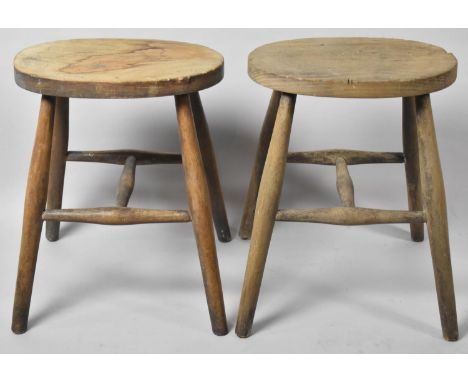 A Pair of Vintage Oval Topped Stools on Turned Supports and Stretchers, 46cm high 