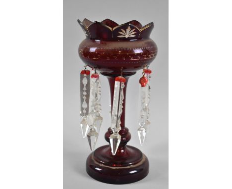 A Ruby Glass Lustre with Plain Glass Droppers, One Missing, 29.5cm high 