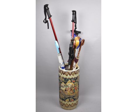 A Late 20th Century Oriental Ceramic Stick Stand Containing Various Walking Sticks and Umbrellas, Stick Stand 46cm high 