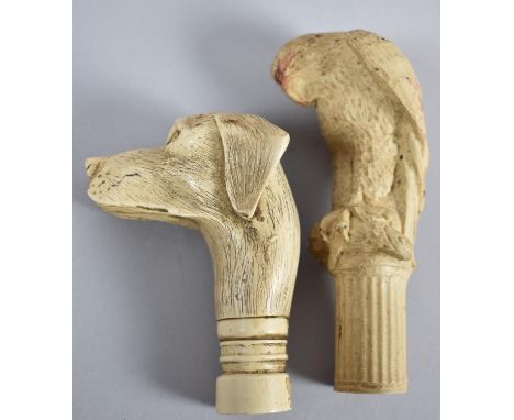 Two Resin Novelty Walking Stick Handles, One in the Form of a Hound's Head, the Other in the Form of a Parrot, 11.5cm Long 