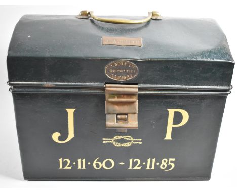 A Dome Topped Toleware Deed or Safety Deposit Box with Brass Carrying Handle and Inscribed Nameplate for R A Smith, Makers J 
