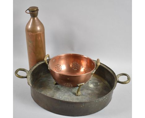 A Copper Colander with Brass Handles, 16.5cm Diameter, Copper Flask and Copper Two Handled Cooking Pan, 32cm diameter 