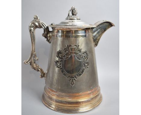 A Large Silver Plated Jug with Hinged Lid by Walker and Hall of Tapered Cylindrical Form with Engine Turned Decoration, Hinge