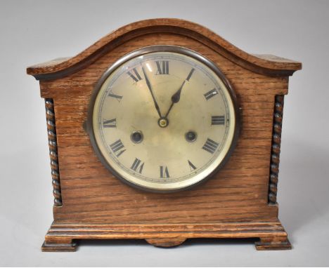 A Mid 20th Century Oak Mantle Clock with Side Barley Twist Pilasters, Eight Day Movement, 27cm wide with Pendulum 