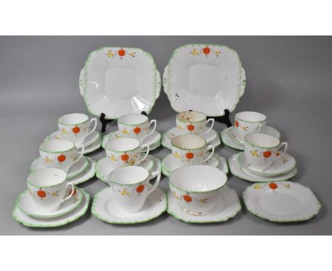 A Mid 20th Century Melba Hand Painted Tea Set to comprise Two Cake Plates, Twelve Side Plates, Nine Saucers, Nine Cups, Milk 