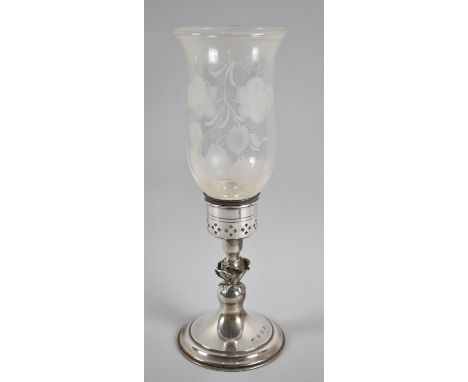 A Silver Based Hurricane Lamp/Candlestick with Etched Glass Shade Decorated with Strawberries, Overall Height 31.5cm, Birming