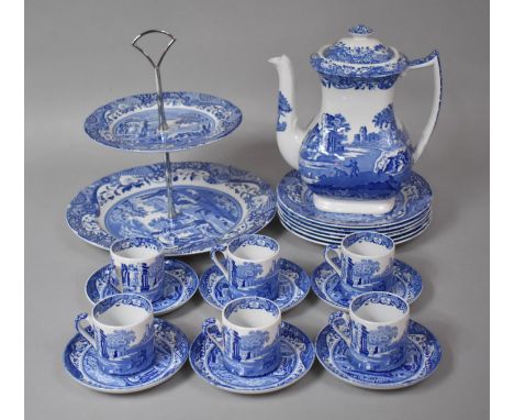 A Spode Italian Pattern Coffee Set to comprise Coffee Pot, Six Cans, Six Saucers, Six Small Plates and a Two Tier Cake Stand 